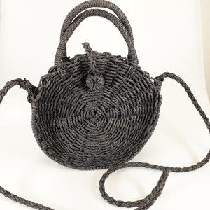 ELIZA MAY ROSE Womens Black Wicker Straw Bag MEDIUM Beach Round Sling Cross body